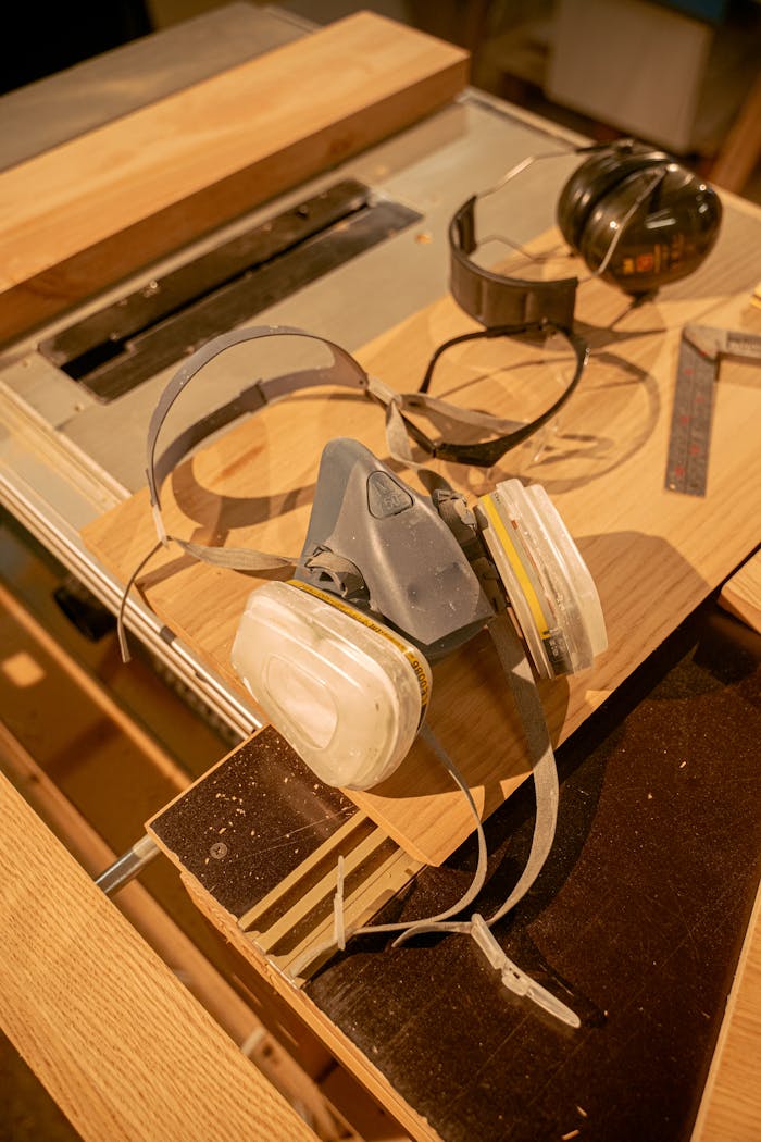 A close-up of safety gear including a respirator mask and ear protection in a workshop setting.